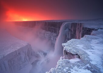 Majestic Winter Sunset Over Snowy Waterfall Landscape