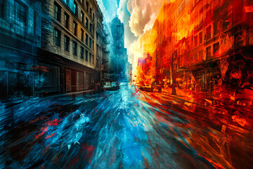 Abstract photomanipulation piece depicting city streets flooded with lava and contrasting blue & orange theme. A play on 'the floor is lava'