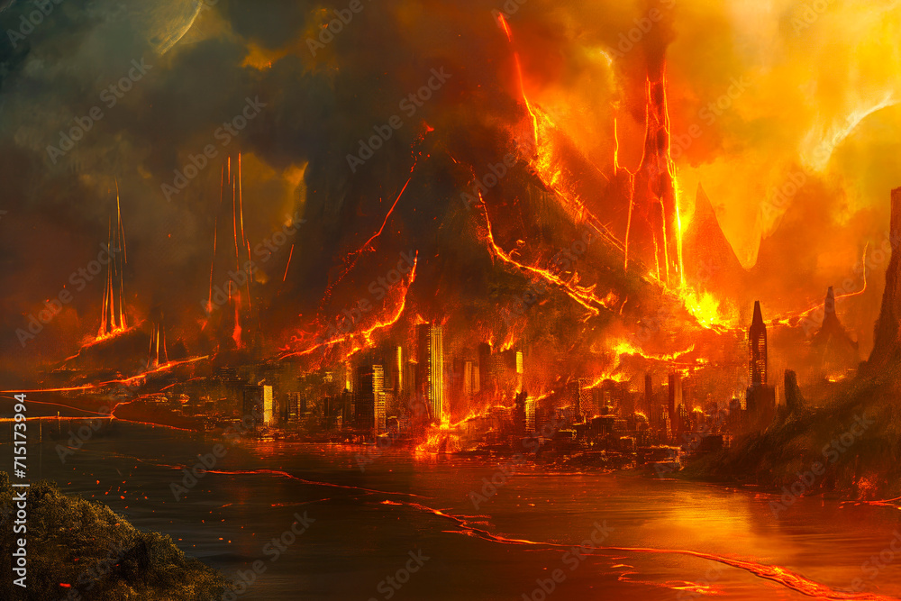 Wall mural city being overflowed with lava, apocalyptic theme - Wall murals