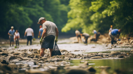 Community members participating in a river cleanup - obrazy, fototapety, plakaty