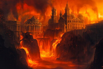 Fototapeta na wymiar City being overflowed with lava, apocalyptic theme