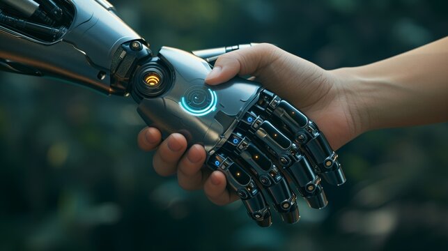 Human and Robot shanking Hand on greenery background. 