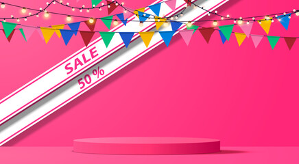 pink podium with sale text background in the pink room	