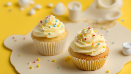Obraz na płótnie Canvas Beautiful Butter cupcake muffin with cream frosting sprinkles on yellow background