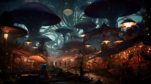 An alien market with bizarre flora and fauna, bustling with extraterrestrial activity and vibrant colors.