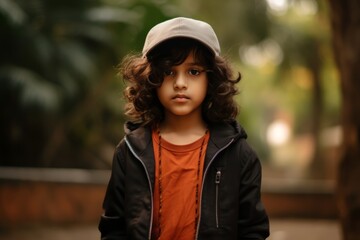 Portrait of a cute little girl with curly hair in a cap and a black jacket