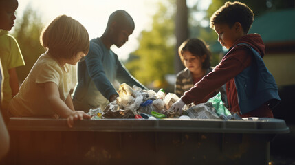 Children sorting recyclables at local community center - obrazy, fototapety, plakaty