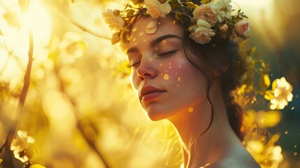 A woman with a delicate crown of rosebuds and a soft yellow glow on her skin, giving off an ethereal aura of spring.