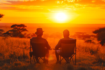 Fototapeta na wymiar Couple sitting on camp chairs on a safari and golden sunset in the background