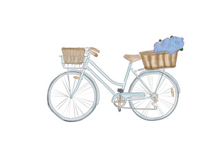 Fototapeta na wymiar Blue Coastal Bike with Baskets, digital watercolour transparent