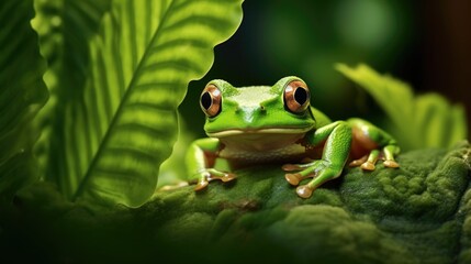 Naklejka premium A stunning closeup of a tree frog blending into its surroundings, showcasing the specialized adaptations of rainforest species and their ability to thrive in the dense vegetation and varied