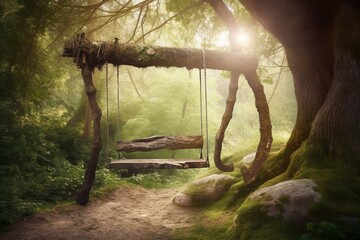 Wooden swing in a magical forest. Generative AI - obrazy, fototapety, plakaty