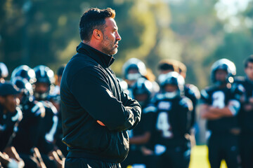 Inspiring high school football coach delivering a passionate speech, promoting leadership and motivation to a captivated sports team