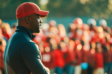 Inspiring high school football coach delivering a passionate speech, promoting leadership and motivation to a captivated sports team - obrazy, fototapety, plakaty