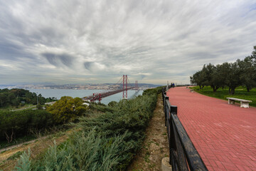 The 25 de Abril Bridge, a suspension bridge connecting the city of Lisbon, capital of Portugal, to...
