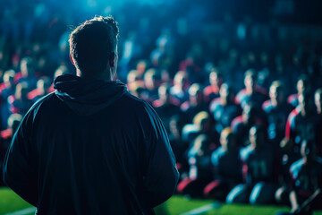Inspiring high school football coach delivering a passionate speech, promoting leadership and motivation to a captivated sports team