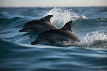 Two dolphins swim under a wave in the sea. Generative AI