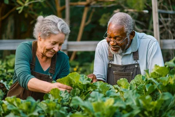 Tuinposter Portrait of diverse senior couple taking care of vegetable plants in backyard urban garden © MVProductions