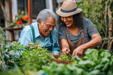 Portrait of diverse senior couple taking care of vegetable plants in backyard urban garden