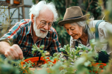Portrait of senior couple taking care of vegetable plants in urban garden