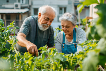Fototapeta premium Portrait of senior couple taking care of vegetable plants in urban garden
