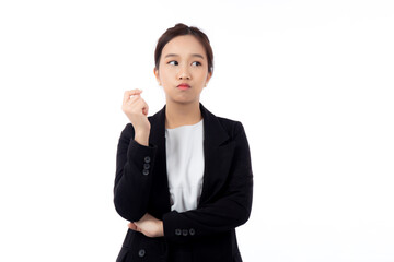 Portrait beautiful young asian businesswoman standing thinking idea with doubt for planning while serious isolated white background, business woman decision for choice with expression confused.