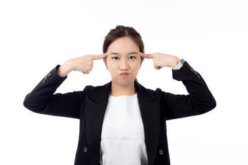 Portrait beautiful young asian businesswoman in suit standing isolated white background, business woman is manager or executive thinking and idea with imagination with success, business concept.