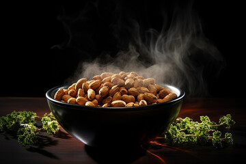 Generative AI Image of Boiled Shell Peanuts in a Black Bowl - obrazy, fototapety, plakaty