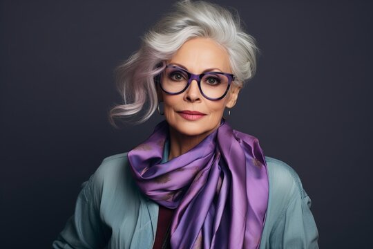 Fashionable senior woman in glasses and scarf. Studio shot.