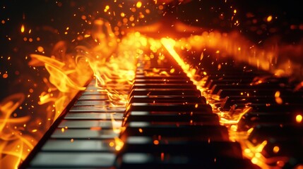 An intense and fiery piano performance is reflected in the glowing keys of an ablaze instrument creating a visually striking and powerful composition