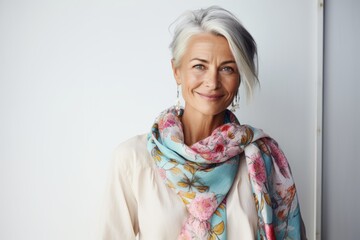 Portrait of beautiful senior woman with short gray hair wearing colorful scarf