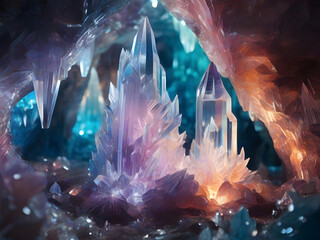 Create an image of crystal caves that exist only in dreams, aglow with luminescent hues. 