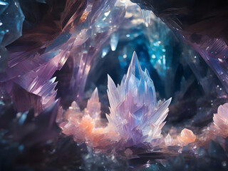 Create an image of crystal caves that exist only in dreams, aglow with luminescent hues. 