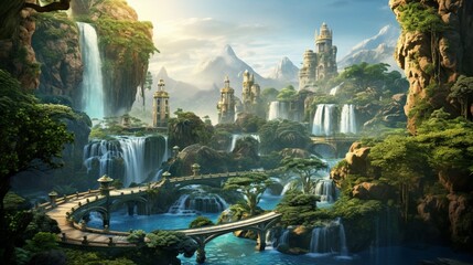 An otherworldly landscape featuring floating islands with cascading waterfalls and exotic flora. - obrazy, fototapety, plakaty