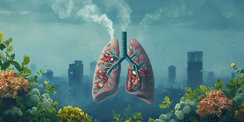 Lungs under Pollution, Air pollution can cause cardiovascular diseases, respiratory diseases, lungs cancer deadliest cancer, healthcare card, wallpaper, banner, factory smoke damaging lung cells

 - obrazy, fototapety, plakaty