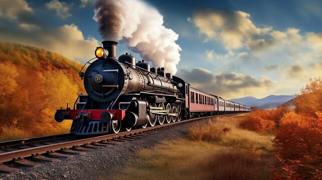 Locomotive. Steam train with white smoke. Steam train on railway track. antique steam train