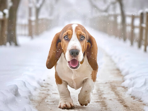 Basset hound dog in snow