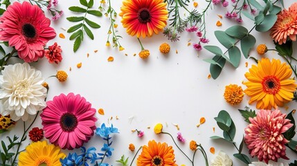 Fototapeta na wymiar Colorful flowers surrounding white background. Generative AI.