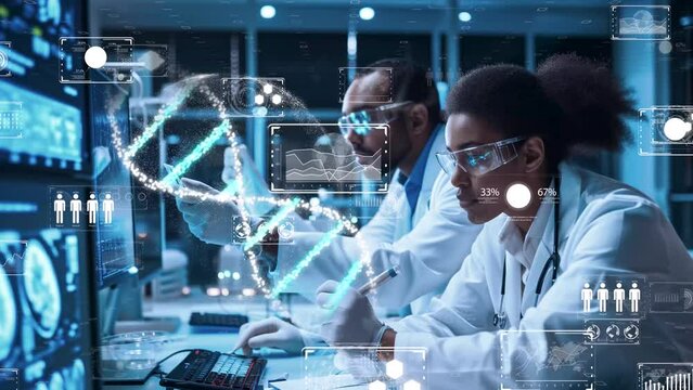 DNAとグローバルを背景とした先進医療・遠隔治療のイメージ　先進技術を使った新しい治療法。