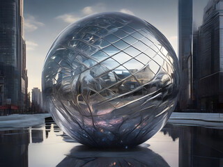 In the heart of a bustling city, a silvery celestial structure looms, captivating all who pass by. 