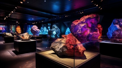 Capture the essence of a mesmerizing gemstone exhibit, with 3D-rendered crystals and minerals shimmering in brilliant hues under simulated museum lighting.
