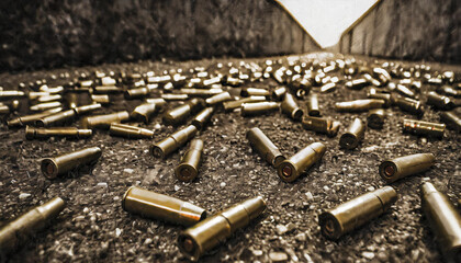 Shell casings scattered on rice cakes, bullets, close-up - obrazy, fototapety, plakaty