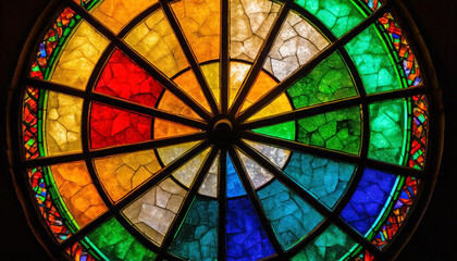 Circular colorful stenglass, ceiling, close-up