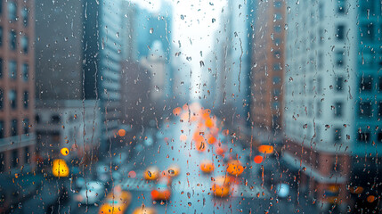 Rainy day in the city captured through  window rain drops genarative ai
