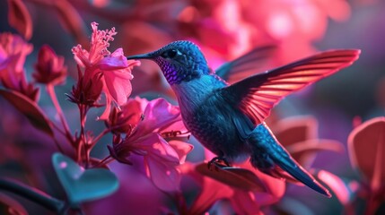 Fototapeta premium A neon hummingbird sipping nectar from a bright pink neon flower its wings shimmering in the neon light