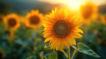 Obraz premium A single sunflower stands tall in a field of sunflowers , with the sun shining brightly in the background.