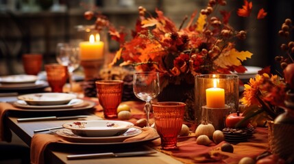 An autumn-themed dinner party with falling leaves and warm colors.