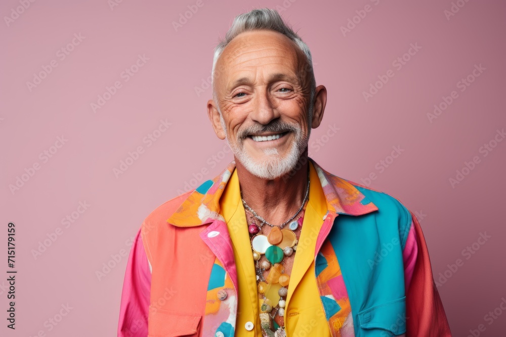 Wall mural Portrait of a happy senior man with grey hair and a colorful jacket