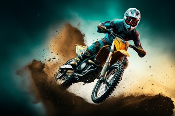 Dirt bike rider doing a big jump. Supercross, motocross, high speed. Sport concept. Digital art, Generative AI 