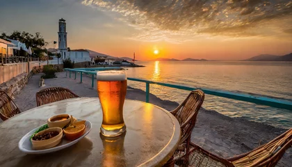Tuinposter Sipping a fresh beer waiting to admire the fantastic sunset on the beach cafe © Callow
